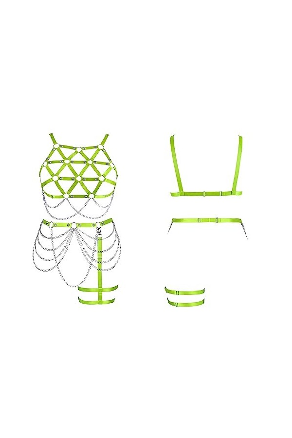 Femmes Body Strap Punk Bra Plus Size Mode Hollow Body Cage Garter Set Gothique Halloween Carnaval Dance Costume Vert Fluores
