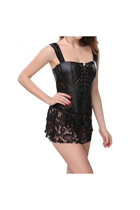 Corset bustier à baleines pour femme - Sexy - En cuir synthétique - Broderie, Noir , 4XL