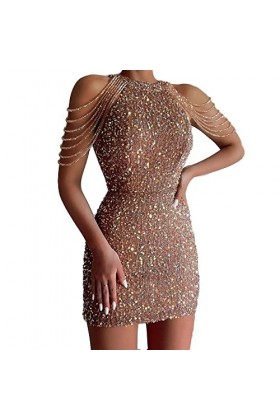 SAMHO Mini robe à paillettes sans manches sexy à pompons à suspendre au cou pour femme, Rouge, S