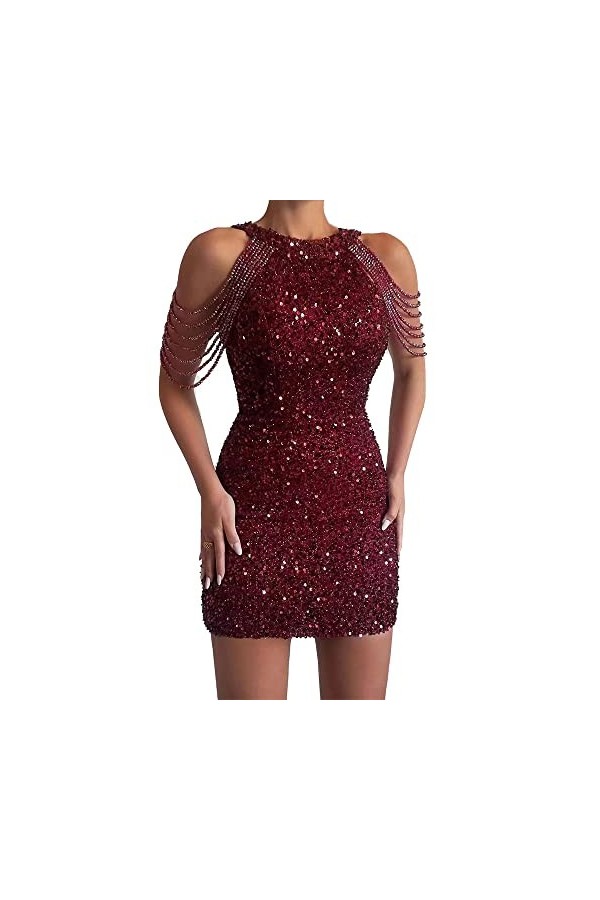 SAMHO Mini robe à paillettes sans manches sexy à pompons à suspendre au cou pour femme, Rouge, S