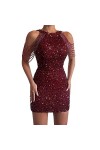 SAMHO Mini robe à paillettes sans manches sexy à pompons à suspendre au cou pour femme, Rouge, S