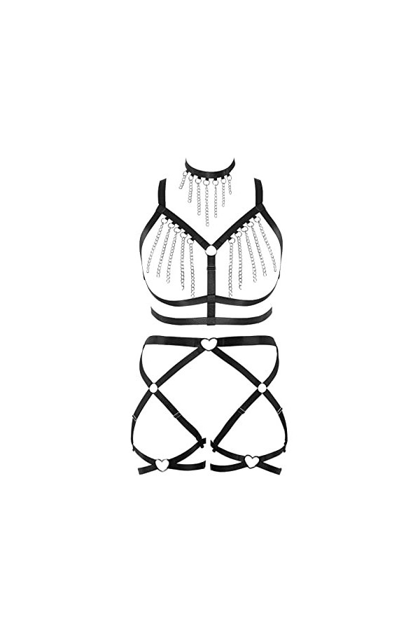 BANSSGOTH Femme plus grande taille punk Body Belt soutien - gorge Tassel metal chain full cage Hollow garter Belt set Hallowe