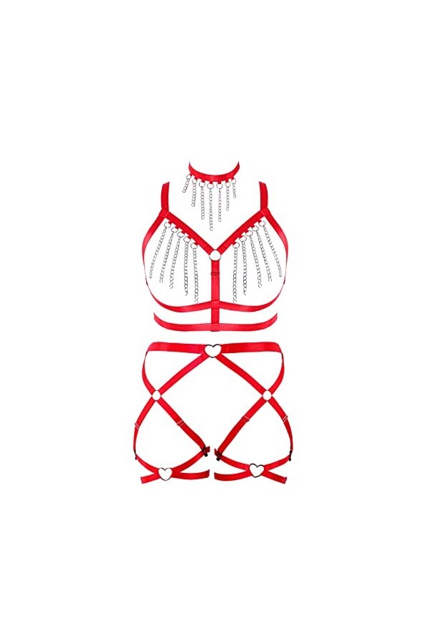 BANSSGOTH Femme plus grande taille punk Body Belt soutien - gorge Tassel metal chain full cage Hollow garter Belt set Hallowe