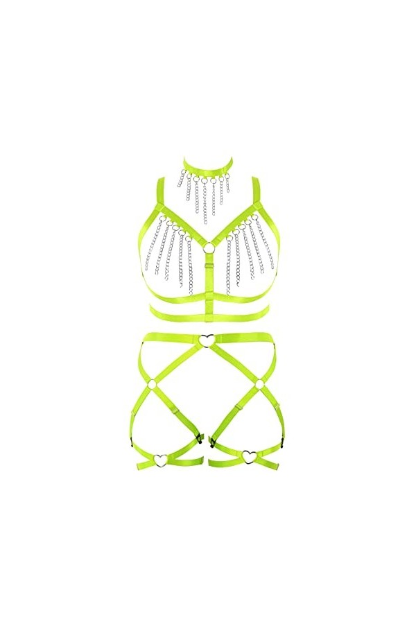 BANSSGOTH Femme plus grande taille punk Body Belt soutien - gorge Tassel metal chain full cage Hollow garter Belt set Hallowe