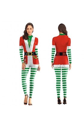 BOLORS Impression numérique 3D pour Femmes Santa Pattern Catsuit Sexy Body à Manches Longues Cosplay Costume Xmas Party Colo