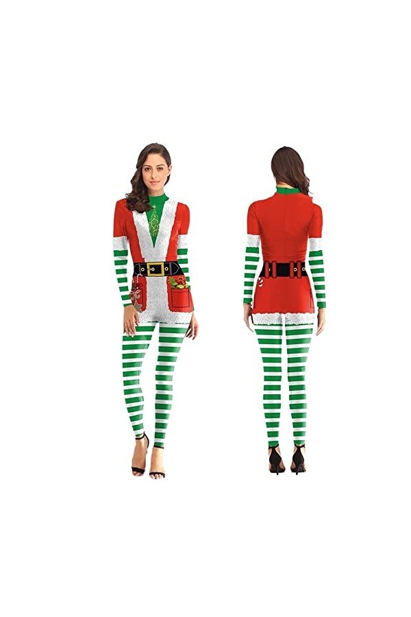 BOLORS Impression numérique 3D pour Femmes Santa Pattern Catsuit Sexy Body à Manches Longues Cosplay Costume Xmas Party Colo