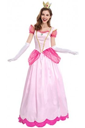Foanja Princesse Peach Robe Femme Déguisement Rose Long Robes de Soirée et Couronne Gants 3 Pièces Set Adulte Cosplay Hallowe