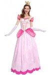 Foanja Princesse Peach Robe Femme Déguisement Rose Long Robes de Soirée et Couronne Gants 3 Pièces Set Adulte Cosplay Hallowe