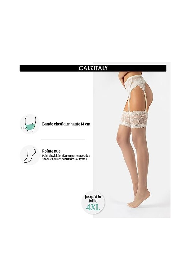 CALZITALY Bas Voile pour Porte Jarretelles avec Dentelle, Bas Mariage et Ceinture Porte-Jarretelles, 15 DEN | S, M/L, XL, XXL
