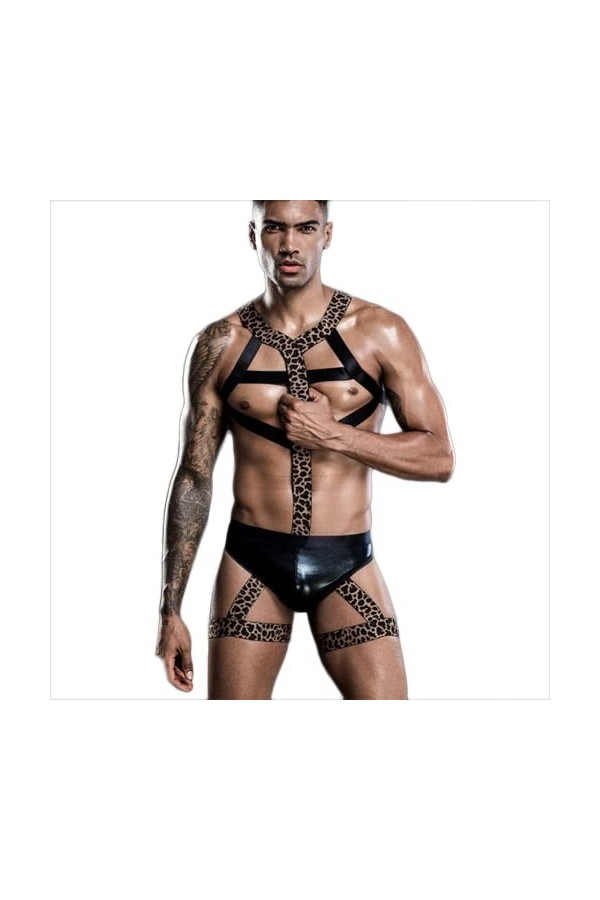 OLIns Homme Ceinture Harnais en Cuir Haut Court Musculation String Culotte Triangle Bandage Verni Stretchy Costume Clubwear C