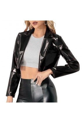 AGALUS Top Court Moto Taille Exposée Manteau Rouge Quatre Faces Élastique Miroir PU Brillant En Cuir Discothèque Uniforme,Cou