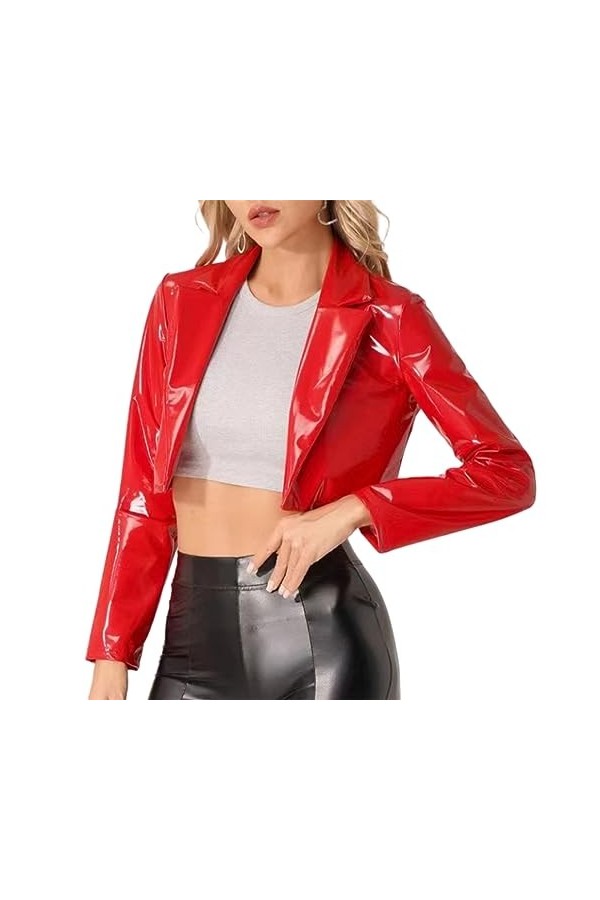 AGALUS Top Court Moto Taille Exposée Manteau Rouge Quatre Faces Élastique Miroir PU Brillant En Cuir Discothèque Uniforme,Cou