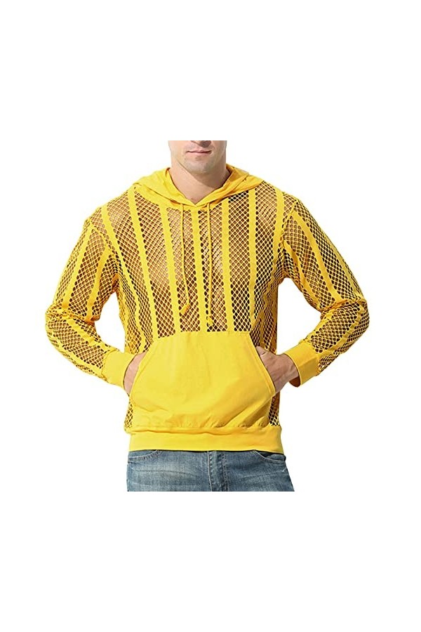 Male Sexy Party Hollow Mesh Hoodies Solide Manches Longues Poche À Capuche Blouse Grands Sweats Capuche pour Hommes Yellow, 