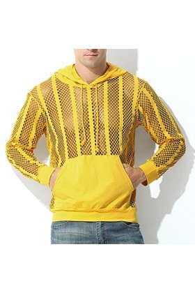 Male Sexy Party Hollow Mesh Hoodies Solide Manches Longues Poche À Capuche Blouse Grands Sweats Capuche pour Hommes Yellow, 