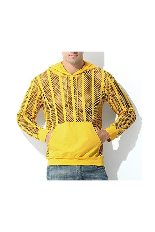 Male Sexy Party Hollow Mesh Hoodies Solide Manches Longues Poche À Capuche Blouse Grands Sweats Capuche pour Hommes Yellow, 