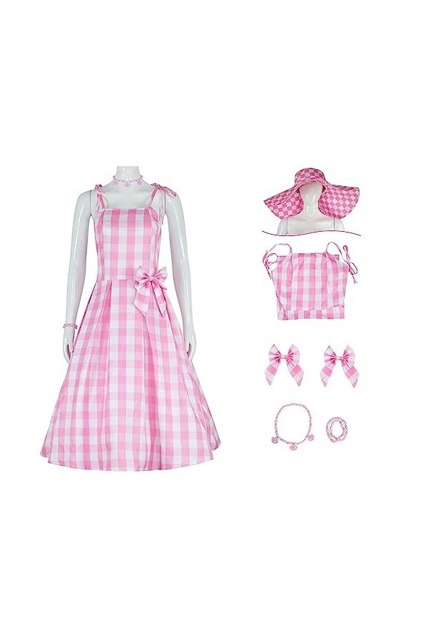 Yanny Bar-bie Robes de vichy rose pour femme Film 2023 Margot Robbie Plaid Costume Tenue Accessoires, Rose 1, XXXL