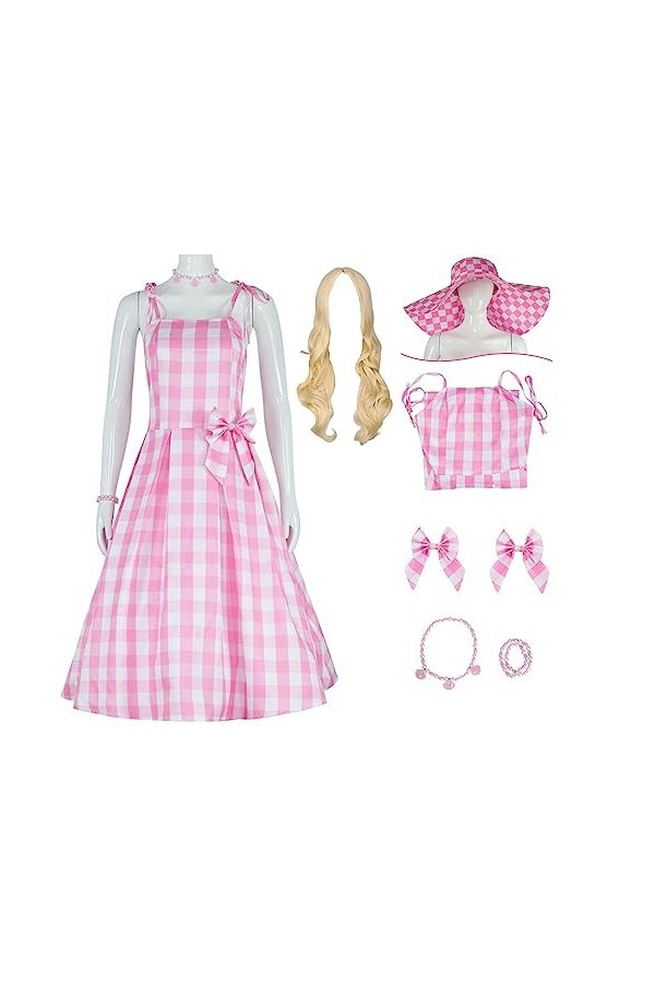 Yanny Bar-bie Robes de vichy rose pour femme Film 2023 Margot Robbie Plaid Costume Tenue Accessoires, Rose 1, XXXL