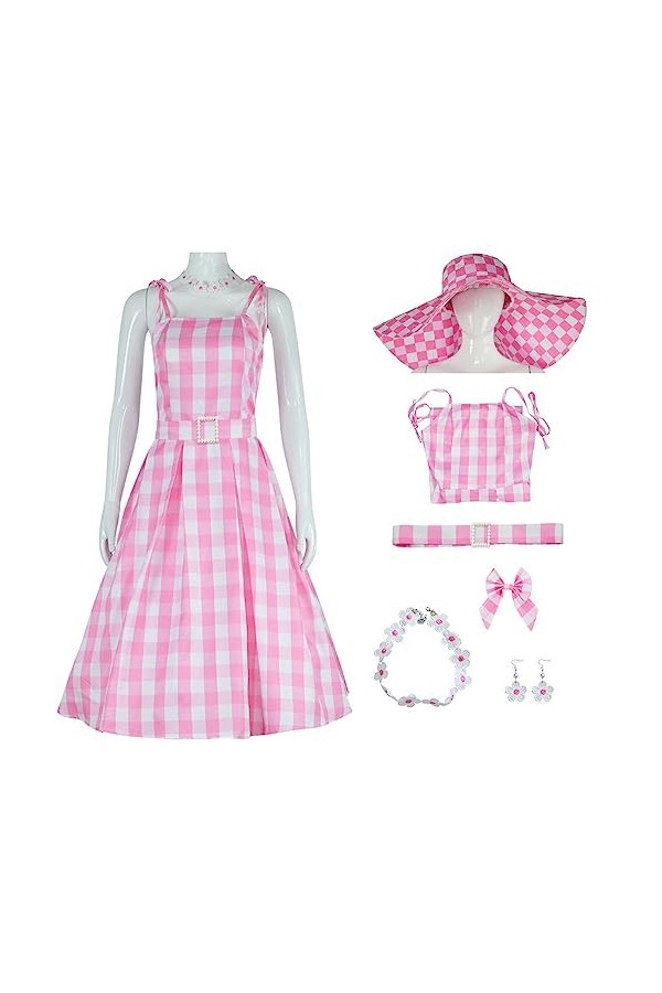 Yanny Bar-bie Robes de vichy rose pour femme Film 2023 Margot Robbie Plaid Costume Tenue Accessoires, Rose 1, XXXL