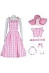 Yanny Bar-bie Robes de vichy rose pour femme Film 2023 Margot Robbie Plaid Costume Tenue Accessoires, Rose 1, XXXL