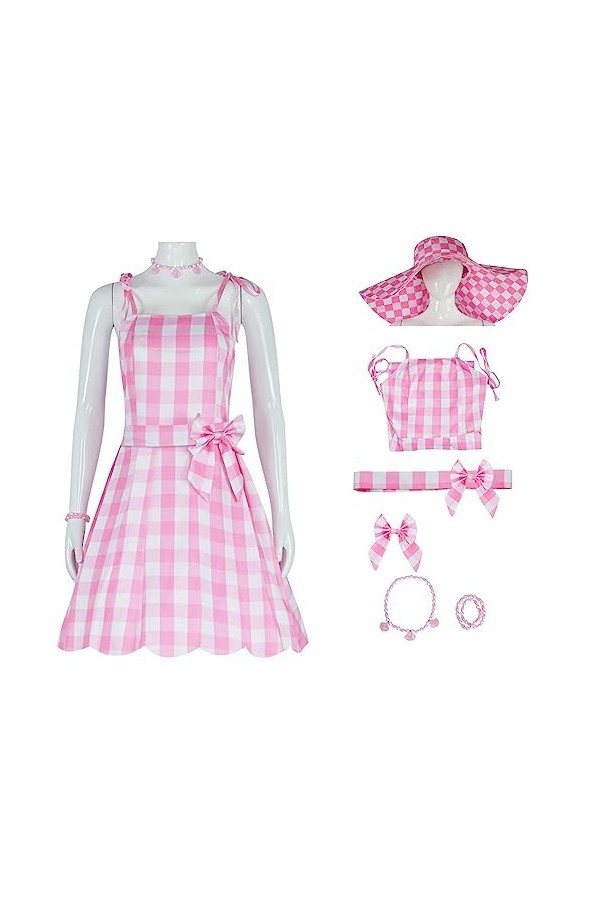 Yanny Bar-bie Robes de vichy rose pour femme Film 2023 Margot Robbie Plaid Costume Tenue Accessoires, Rose 1, XXXL