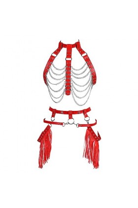 Femmes Body Strap Cuir Punk Soutien - Gorge élégant évidé sans Tasse Garter Set Gothique Halloween Rave Party Costume Rose R