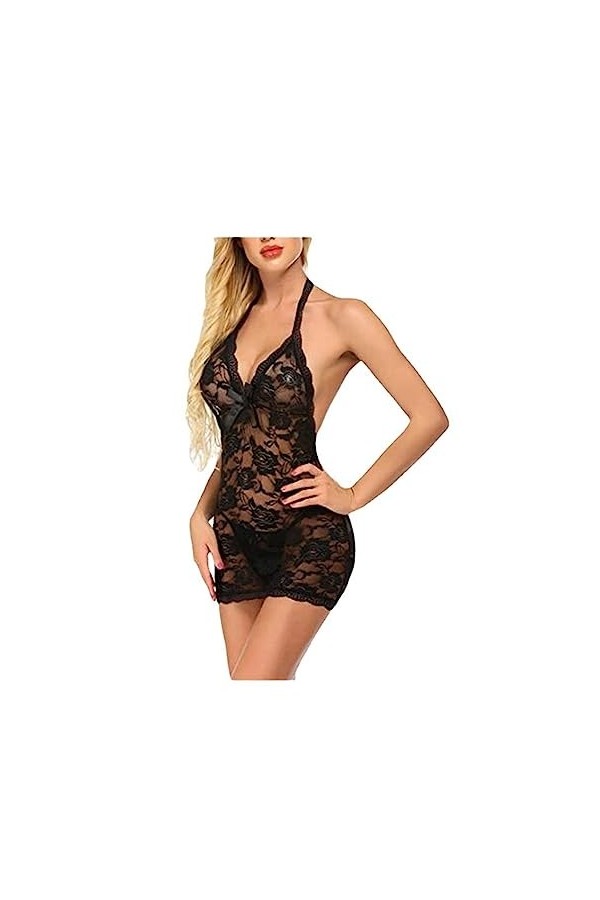 ZTIANEF Front ouvertEnsemble de Lingerie Sexy pour Femmes Chemise de Nuit écharpe Sexe Lingerie, Noir, XL