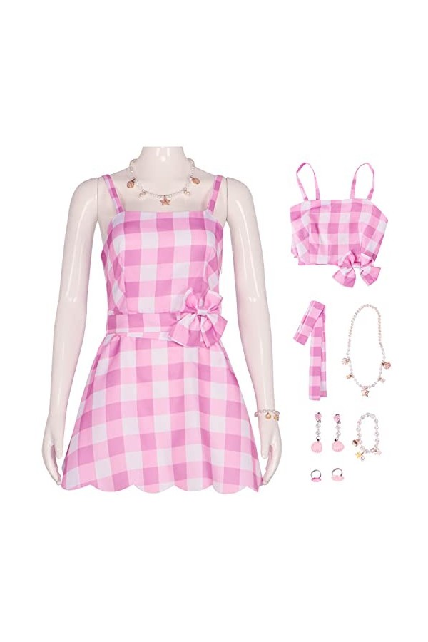 Foanja Déguisement Barbies Femme Cosplay Film Barbies Complete Uniforme Vintage Rose Carreaux Robe et Accessoires Outfit pour