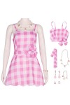 Foanja Déguisement Barbies Femme Cosplay Film Barbies Complete Uniforme Vintage Rose Carreaux Robe et Accessoires Outfit pour