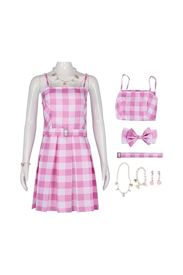Foanja Déguisement Barbies Femme Cosplay Film Barbies Complete Uniforme Vintage Rose Carreaux Robe et Accessoires Outfit pour