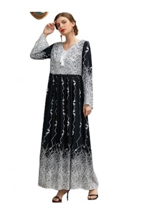 Shoudian 2818 Printemps/Été Manches Longues Taille Ample Style Maison de Campagne Vintage Imprimé Robe Longue Robe, Noir , XL