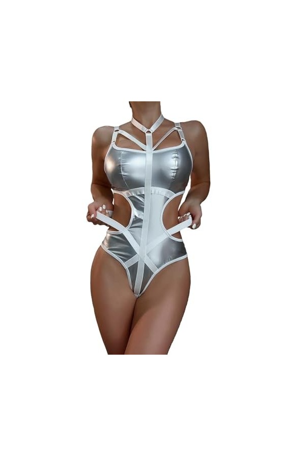 DAGIN Femmes Lingerie Sexy pour nuisette en cuir verni costume pour sexe coquine une pièce creux dos ouvert body Color : Noi