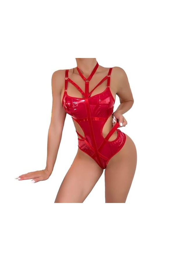 DAGIN Femmes Lingerie Sexy pour nuisette en cuir verni costume pour sexe coquine une pièce creux dos ouvert body Color : Noi