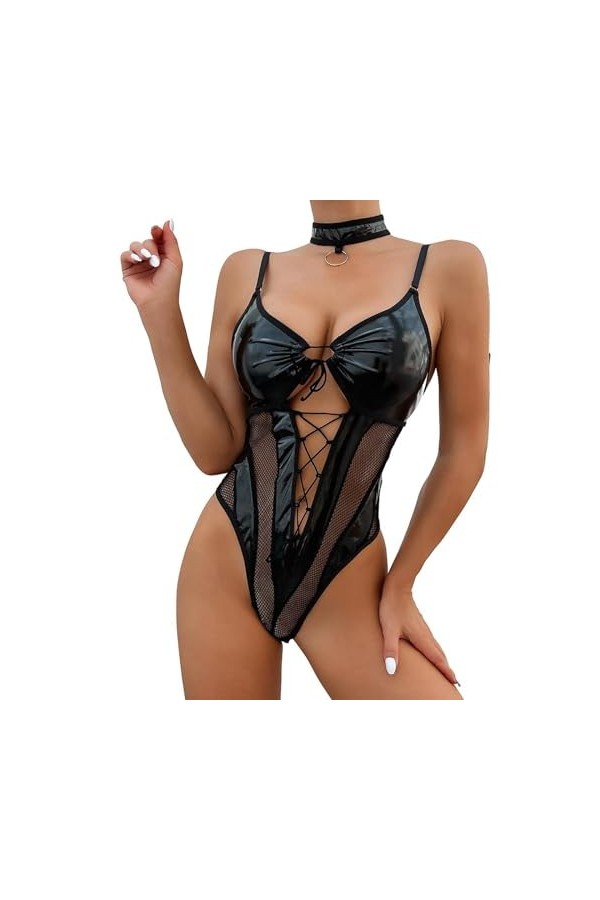 DAGIN Lingerie effet mouillé pour femme, body en cuir, maille, coupe Patchwork, justaucorps, Clubwear Color : Noir, Size : X