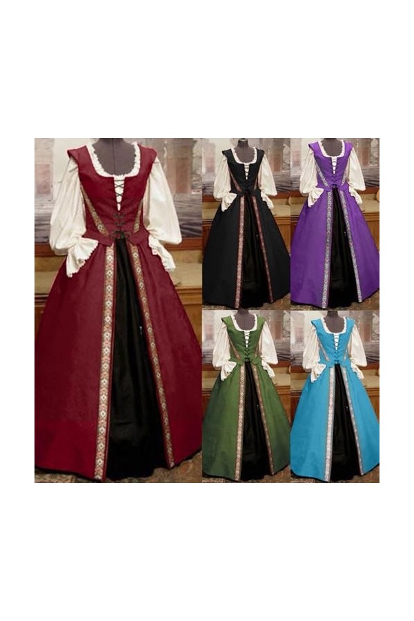 KBOPLEMQ Vêtements médiévaux pour femme - Renaissance victorienne - Robe cosplay médiévale - Manches trompettes - Longueur au