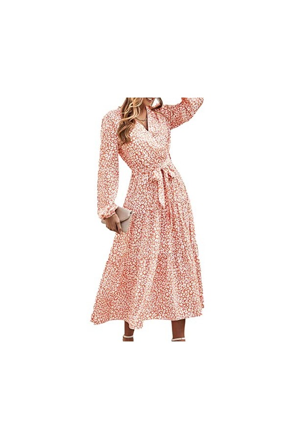 DAUZ Robe Florale à Manches Longues, Taille Haute, Lavable en Machine, élégante, Respirante et Décontractée, Robe Maxi à Cein