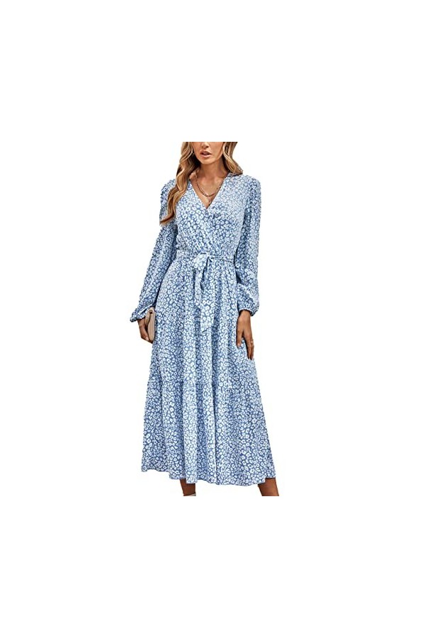 DAUZ Robe Florale à Manches Longues, Taille Haute, Lavable en Machine, élégante, Respirante et Décontractée, Robe Maxi à Cein