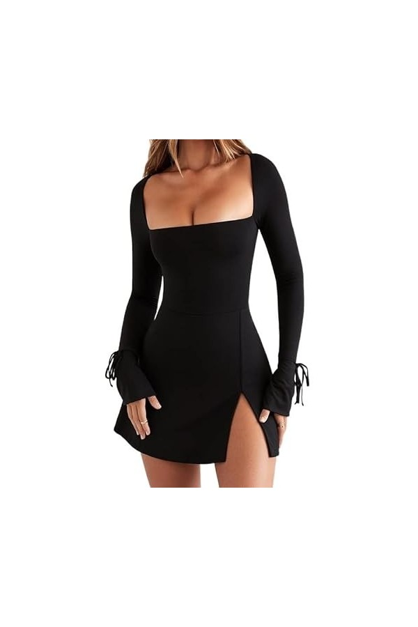 KWIXUK Sexy col carré Coupe Basse à Manches Longues Robes for Femmes décontracté sortant Moulante Fente Robe Courte Color : 