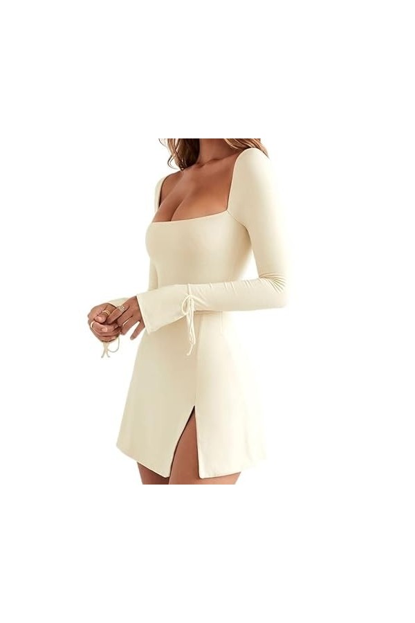 KWIXUK Sexy col carré Coupe Basse à Manches Longues Robes for Femmes décontracté sortant Moulante Fente Robe Courte Color : 