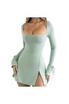 KWIXUK Sexy col carré Coupe Basse à Manches Longues Robes for Femmes décontracté sortant Moulante Fente Robe Courte Color : 