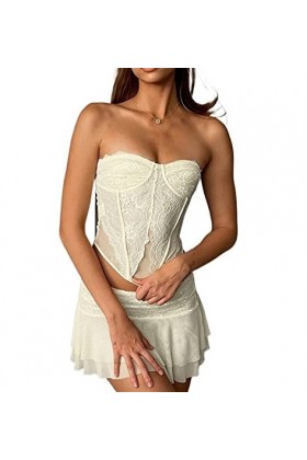 Sexy 2 pièces Ensembles Pure Maille Dentelle Corset Haut et Mini Jupes Lingerie fée Tenue Femmes Clubwear Color : Light Yell