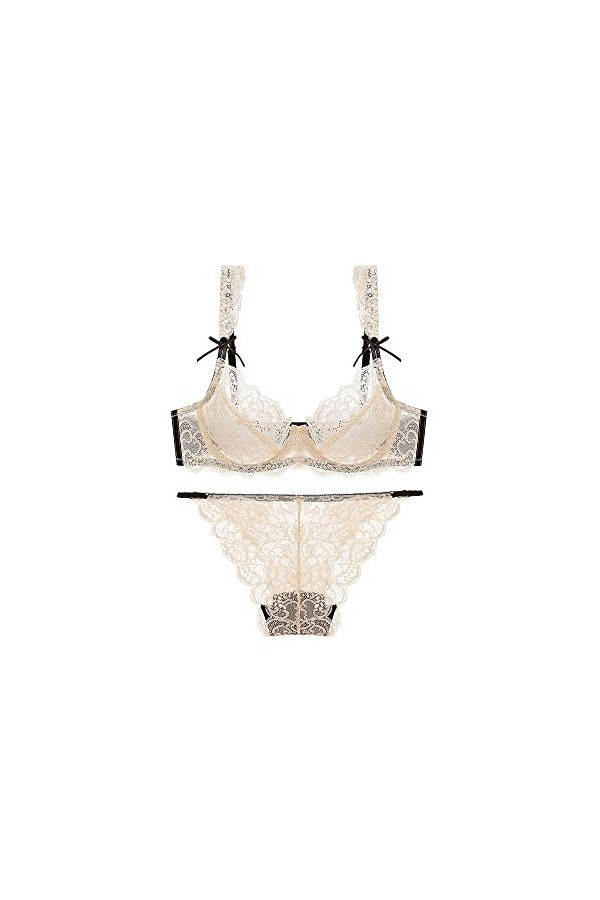 YLISHI Ensemble soutien-gorge et culotte sexy en dentelle transparente fine, Brown, 100D
