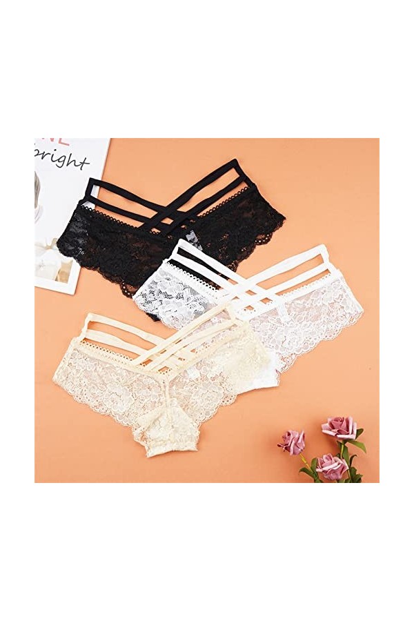 EXCEI Femme Slips 3 pièces Sexy Culottes Femmes Dentelle Taille Basse Solide Sexy Slips Femme sous-vêtements Croix Sangle Ten