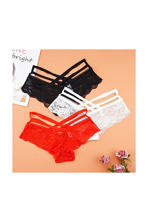 EXCEI Femme Slips 3 pièces Sexy Culottes Femmes Dentelle Taille Basse Solide Sexy Slips Femme sous-vêtements Croix Sangle Ten