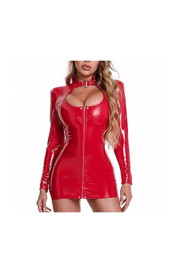 Mini jupe fourreau sexy en cuir pour femme - En latex brillant - Rouge - Taille 5XL