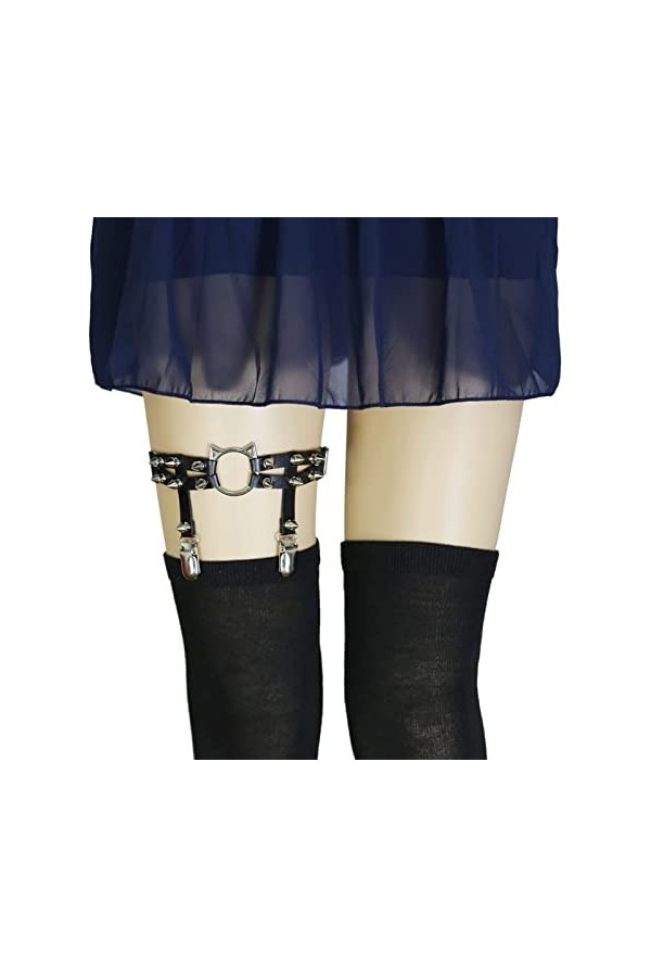 NYZABDL Taille Jarretière Ceinture Punk Gothique Personnalité Chat Chat Tête en Cuir À La Main Rivet Hip-Hop Jambe Anneau Pie