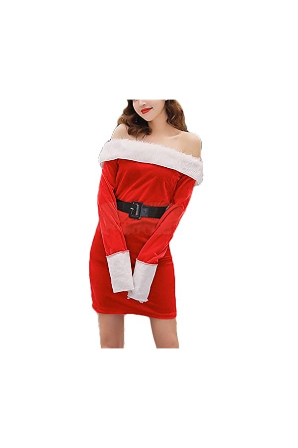 Mini robe de Noël sexy avec épaules dénudées et manches longues Motif Père Noël Rouge