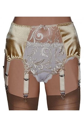 Swanky Pins Ceinture porte-jarretelles 8 sangles en or avec panneau avant en dentelle et clips métalliques - Or - Small