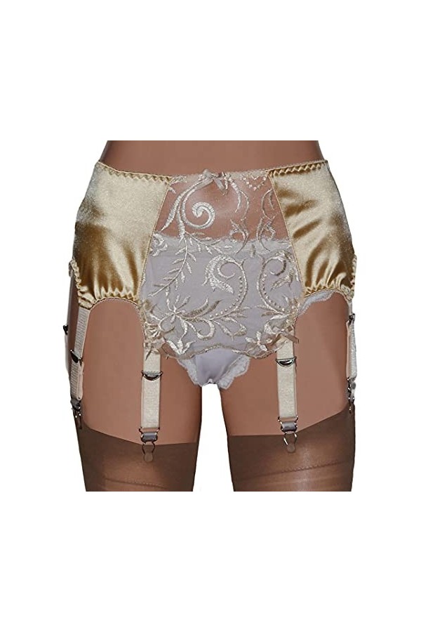 Swanky Pins Ceinture porte-jarretelles 8 sangles en or avec panneau avant en dentelle et clips métalliques - Or - Small