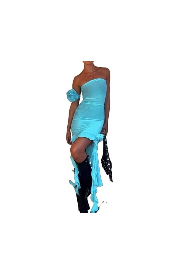 KWIXUK Fleur Choker Ruffle Tube Top Robes Asymétriques for Femmes Sexy Voir à Travers Mesh Robe de Vacances Color : Blue, Si