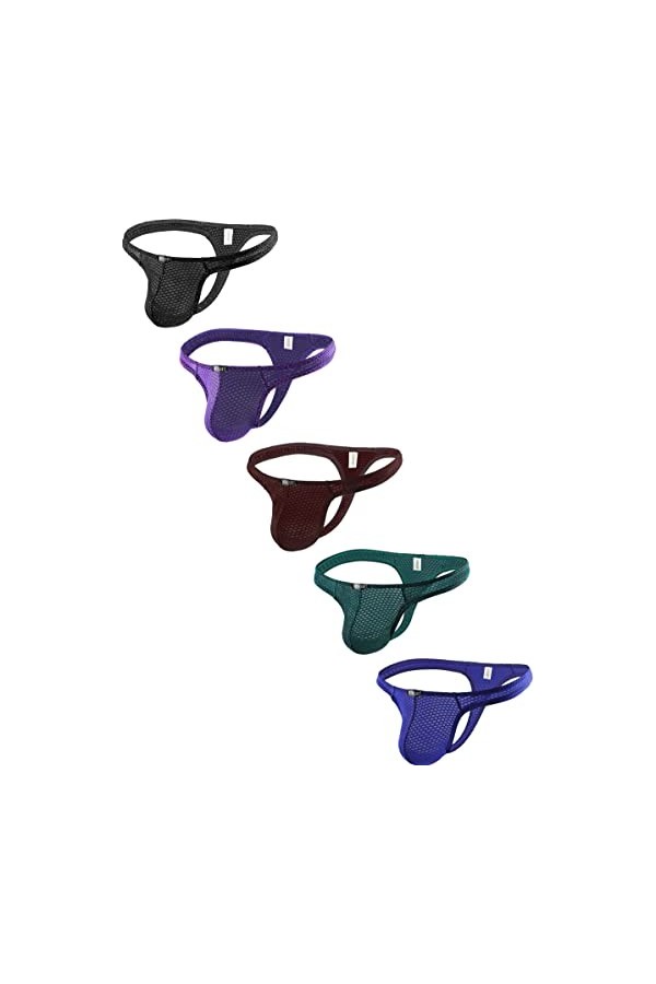 iKingsky Hommes Tanga Sexy Taille Basse Renflement Thong Sous-vêtements T-Back Caleçon pour Hommes, Lot de 5, S